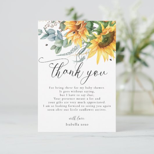 Rustic Sunflower Baby Dusche Vielen Dank Dankeskarte (Stehend Vorderseite)