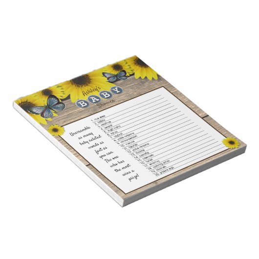 Rustic Sunflower Baby Shower Word Scramble Game Notizblock (angewinkelt)