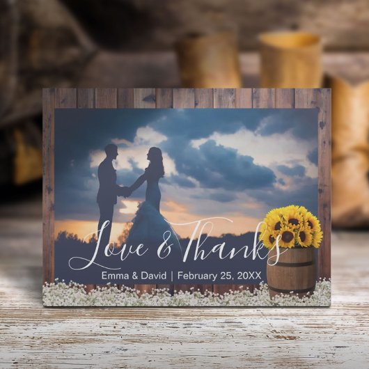 Rustic Sunflower Barrel Wedding Foto Vielen Dank Postkarte