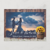 Rustic Sunflower Barrel Wedding Foto Vielen Dank Postkarte (Vorderseite)