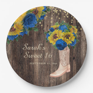 Rustic Sunflower Blaue Rosen Stiefel Sweet 16 Pappteller