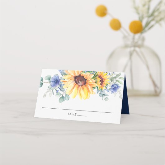 Rustic Sunflower Blue Floral Wedname Name Platzkarte (Rückseite)