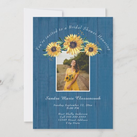 Rustic Sunflower Blue Wood Wedding Brautparty I Einladung (Vorderseite)