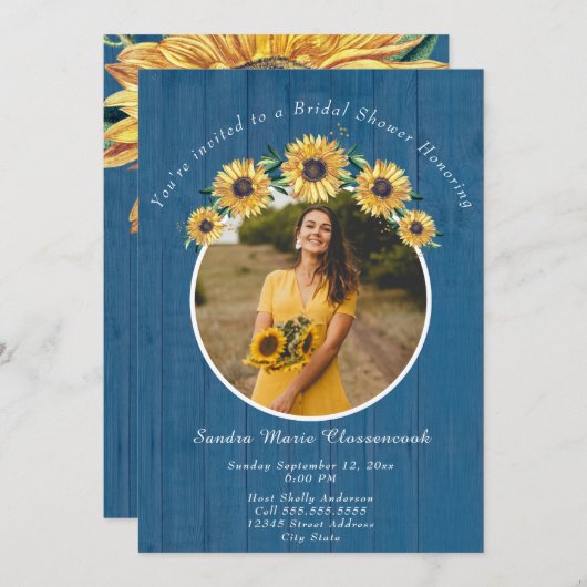 Rustic Sunflower Blue Wood Wedding Brautparty I Einladung (Vorne/Hinten)