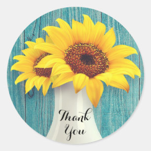 Rustic Sunflower Blue Wood Wedding Vielen Dank Runder Aufkleber