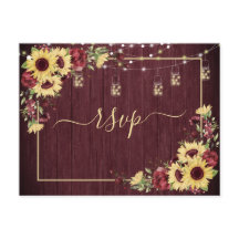 Rustic Sunflower Burgundy Wood Floral RSVP +Menu