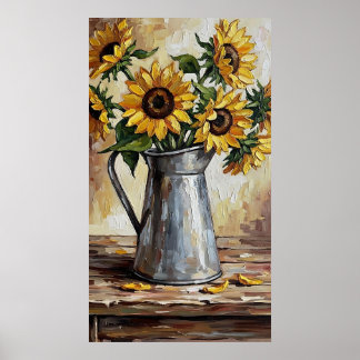 Rustic Sunflower Decor Expressionist Painting Poster