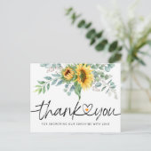 Rustic Sunflower Eucalyptus Baby Dusche Vielen Dan Postkarte (Stehend Vorderseite)