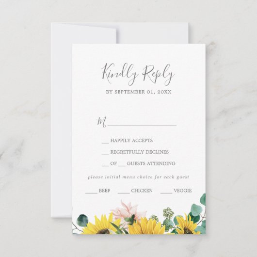 Rustic Sunflower Eukalyptus Menü Auswahl RSVP Kart (Vorderseite)