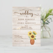 Rustic Sunflower Floral on Wood Wedding Invitation Einladung (Stehend Vorderseite)