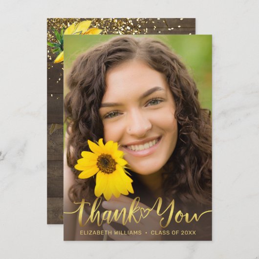 Rustic Sunflower Foto Gold Script Abschluss Dankeskarte (Vorne/Hinten)