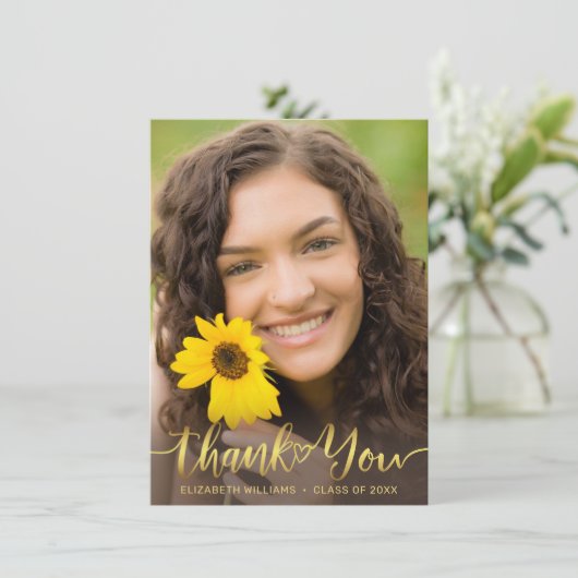Rustic Sunflower Foto Gold Script Abschluss Dankeskarte (Stehend Vorderseite)