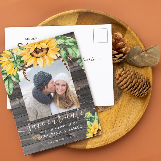 Rustic Sunflower Foto Skript Save the Date Ankündigungspostkarte