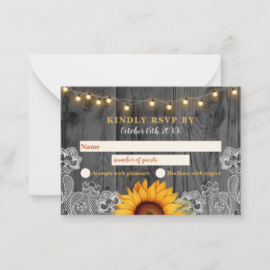 Rustic Sunflower Lace Wedding RSVP Card Mitteilungskarte (Vorderseite)