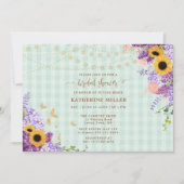 Rustic Sunflower Lilac Green Gingham Brautparty Einladung (Vorderseite)