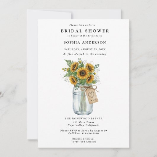 Rustic Sunflower Mason Jar Bridal Shower Einladung (Vorderseite)