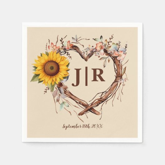 Rustic Sunflower Monogram Wedding Napkins Serviette (Vorderseite)