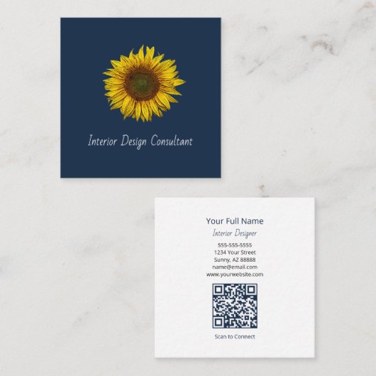 Rustic Sunflower QR code Boho Navy Blue Quadratische Visitenkarte (Vorne/Hinten)