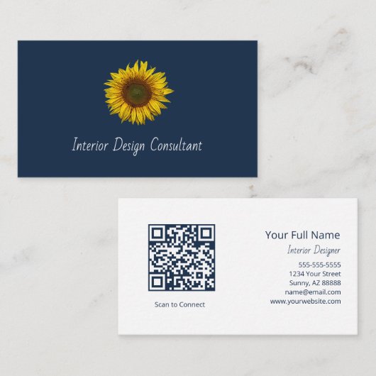 Rustic Sunflower QR code Boho Navy Blue Visitenkarte (Vorne/Hinten)
