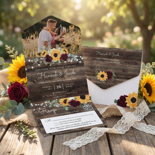 Rustic Sunflower Roses Photo QR Code Wedding All In One Einladung