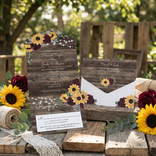 Rustic Sunflower Roses QR Code Wedding All In One Einladung