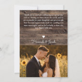 Rustic Sunflower Roses Wedding Dankeskarte (Rückseite)