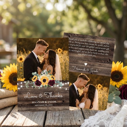 Rustic Sunflower Roses Wedding Dankeskarte