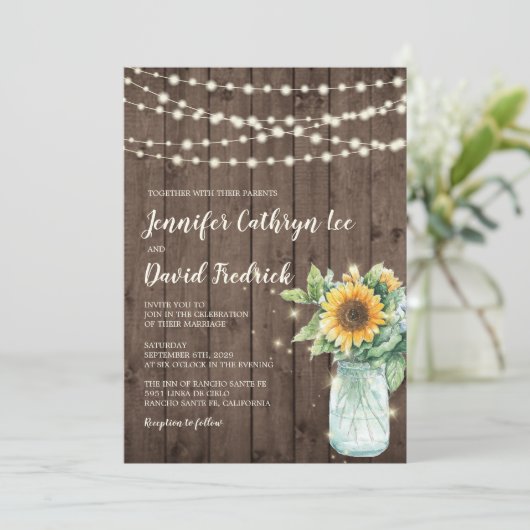 Rustic Sunflower String Lights Wedding Einladung © (Stehend Vorderseite)