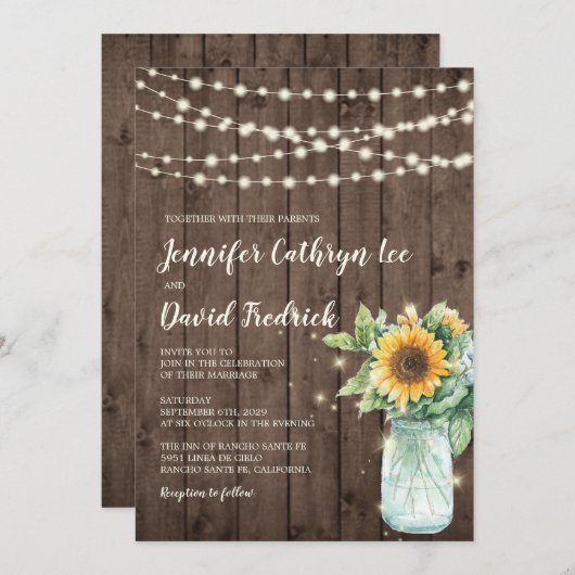 Rustic Sunflower String Lights Wedding Einladung © (Vorne/Hinten)