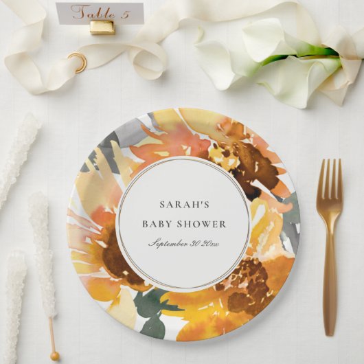 Rustic Sunflower Watercolor Floral Baby Shower Pappteller (Hochzeit)