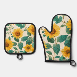 Rustic Sunflower Watercolor Floral Farmhouse Ofenhandschuh & Topflappen-Set