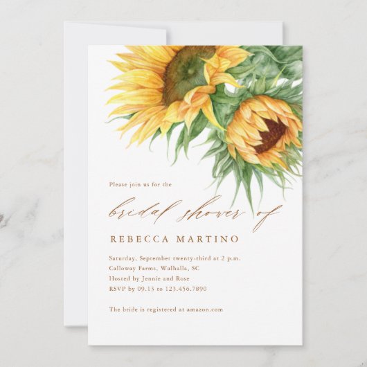 Rustic Sunflower Watercolor Script-Brautparty Einladung (Vorderseite)