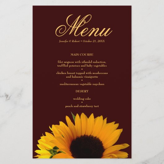Rustic Sunflower Wedding Dinner Menü Karte (Vorderseite)