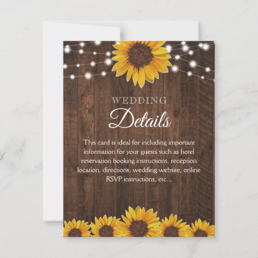 Rustic Sunflower Wedding Guest Details Karte (Vorderseite)