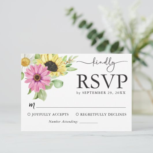 Rustic Sunflower Wedding RSVP Card (Stehend Vorderseite)