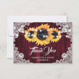 Rustic Sunflower Wood Floral Lace Burgundy Wedding Dankeskarte