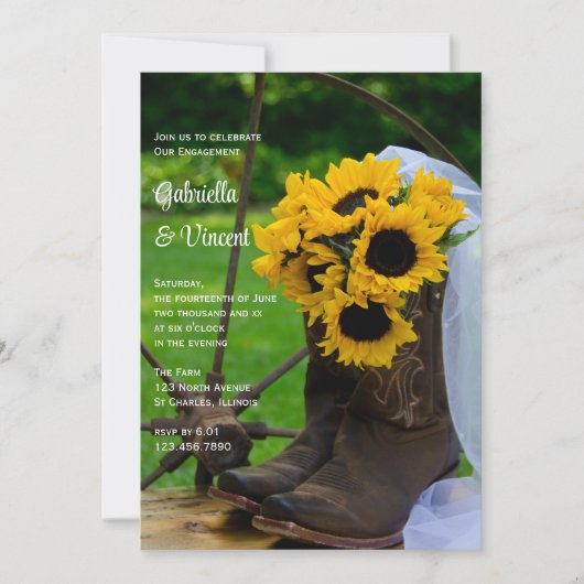 Rustic Sunflowers Boots Western Engagement Party Einladung (Vorderseite)