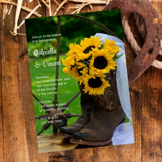 Rustic Sunflowers Boots Western Engagement Party Einladung