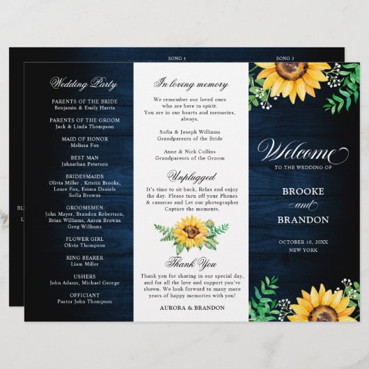 Rustic Sunflowers Gipskraut Hochzeitsprogramm (Vorne/Hinten)