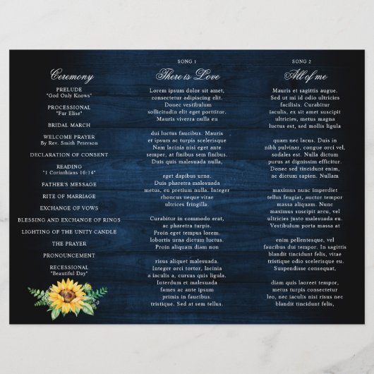 Rustic Sunflowers Gipskraut Hochzeitsprogramm (Rückseite)