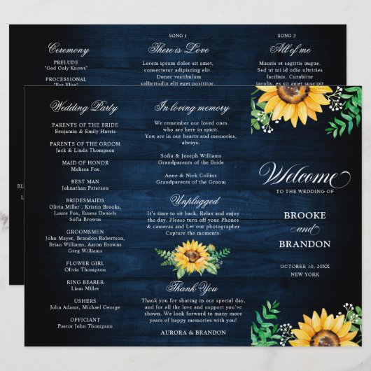 Rustic Sunflowers Gipskraut Hochzeitsprogramm (Vorne/Hinten)