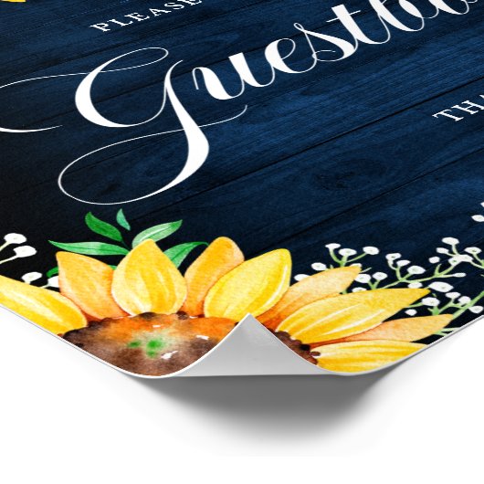 Rustic Sunflowers Gipskraut Navy Gästebuch (Ecke)