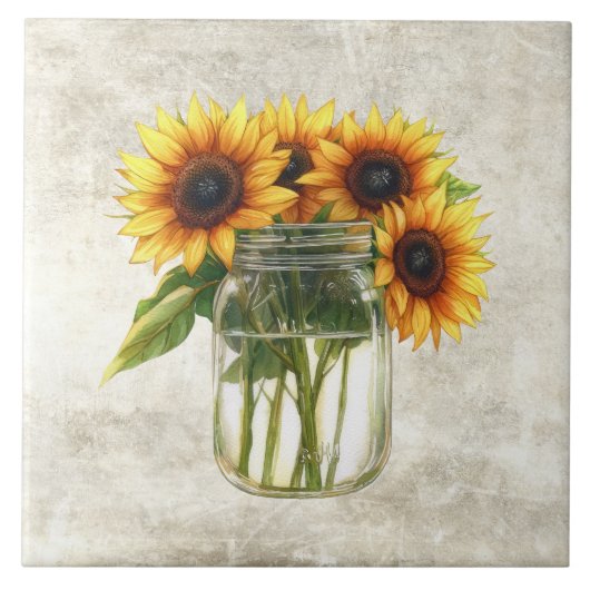 Rustic Sunflowers in Vintage Jar  Fliese (Vorderseite)