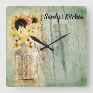 Rustic Sunflowers & Mason Jar Kitchen Clock Quadratische Wanduhr