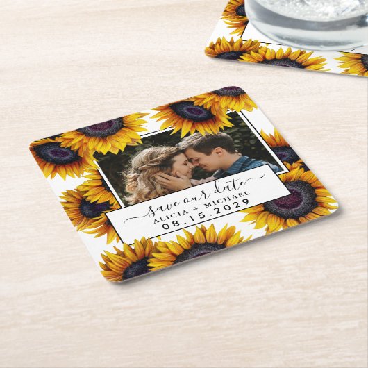 Rustic sunflowers photo wedding save the date rechteckiger pappuntersetzer (angewinkelt)