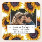Rustic sunflowers photo wedding save the date rechteckiger pappuntersetzer (Vorderseite)