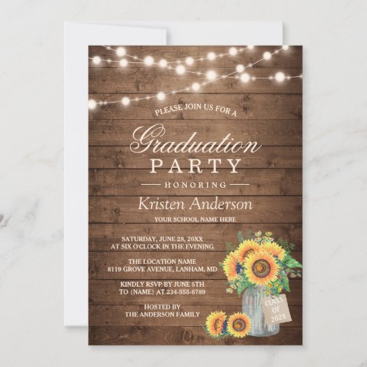 Rustic Sunflowers String Lights Graduation Party Einladung (Vorderseite)