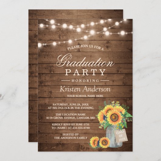 Rustic Sunflowers String Lights Graduation Party Einladung (Vorne/Hinten)