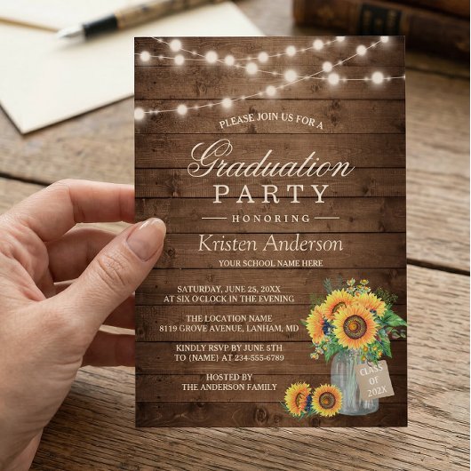 Rustic Sunflowers String Lights Graduation Party Einladung