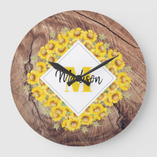 Rustic Sunflowers & Wood Texture Monogram Große Wanduhr
